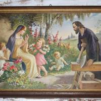 Vintage Druck Heilige Familie mit Engeln und Blumen Bild 2