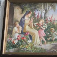 Vintage Druck Heilige Familie mit Engeln und Blumen Bild 4