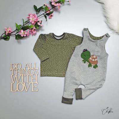 Strampler & Langarm-Shirt Gr. 62 – Stickdatei Schildkröte, Unisex Babykleidung Set, Frühling & Herbst
