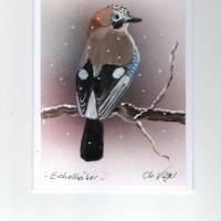 Grußkarte / Vogelbild,   Eichelhäher-   handgemalt, winterlich Bild 1
