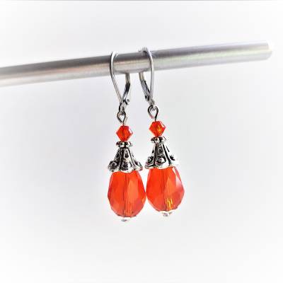 Ohrringe // Glas // Tropfen (orange-rot / silberfarben)