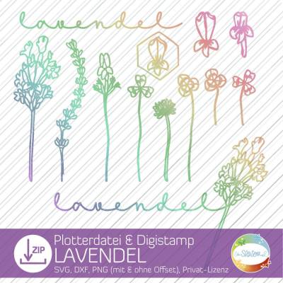 Plotterdatei Lavendel, Digistamp-Set mit Lavendelblüten und Kleeblättern, Plott-Datei sommerliche Blumenwiese