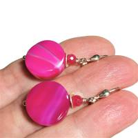 Ohrringe  925er Silber handgefertigt mit pink Achat violett Scheibe gebändert im boho chic Bild 1
