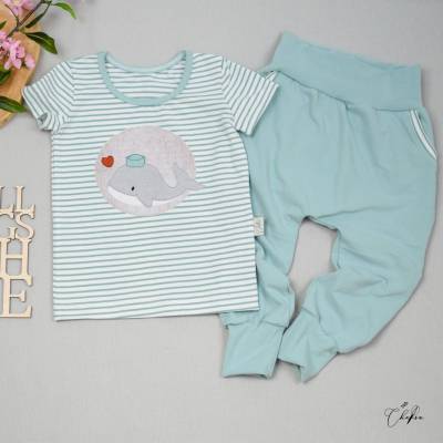 Kleidungsset Kurzarm-Shirt & BaggyPants Gr.92 Wal-Design Mint Weiß Maritim