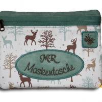 Waschbare romantische Masken-Tasche mintgrün Hirsche Bäume Wald mit Stickerei Namen Mundschutz-Beutel Kosmetiktasche Bild 1