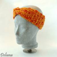 Stirnband, orange, Wolle, Handarbeit, gehäkelt, Jasminmuster mit Twist Bild 1