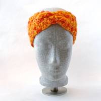 Stirnband, orange, Wolle, Handarbeit, gehäkelt, Jasminmuster mit Twist Bild 2