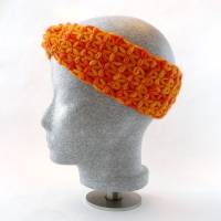 Stirnband, orange, Wolle, Handarbeit, gehäkelt, Jasminmuster mit Twist Bild 3