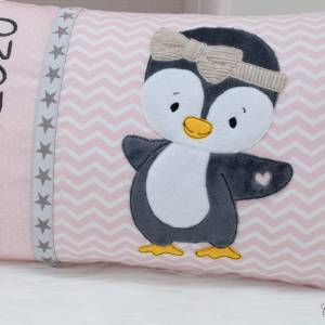 Namenskissen Stickdatei Pinguin, personalisiertes Kissen Mädchen mit Name, Geburtskissen, Kuschelkissen, Rosa, Geschenk Bild 3
