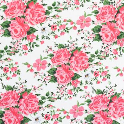 Baumwoll Jersey Stoff mit Rosen Blumen Muster für Damen&Kinder Rot-Pink/Rosa 