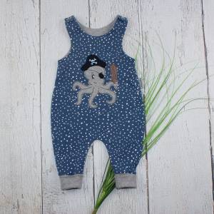 Baby Strampler mit einer Krake Applikation blau hellgrau handmade Babykleidung Kinderkleidung Bild 1