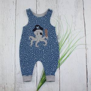 Baby Strampler mit einer Krake Applikation blau hellgrau handmade Babykleidung Kinderkleidung Bild 3