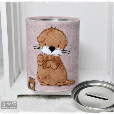 Spardose mit bestickter rosa Wollfilzhülle 'Otter', personalisierbar