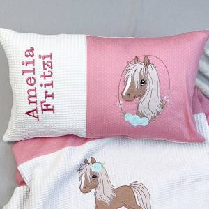 Namenskissen mit Stickdatei Pferd, personalisiert, Kissen mit Name, Geburtskissen, Kuschelkissen, Mädchen, rosa beige Ge Bild 3