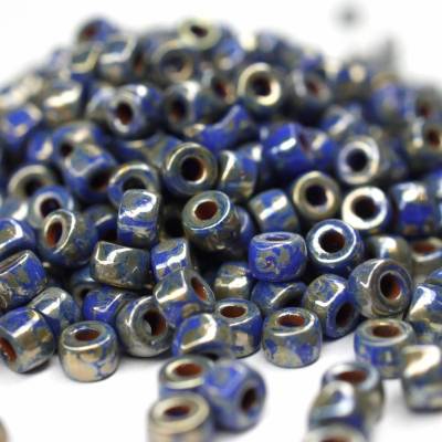 10g Czech Seed Beads Matubo, 6/0 Opaque Blue Silver Picasso