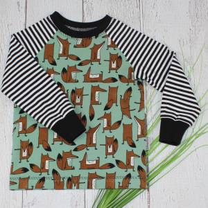 Langarmshirt Longsleeve T-Shirt Raglan Raglanshirt Fuchs Fox Streifen handmade genäht grün braun Bild 1