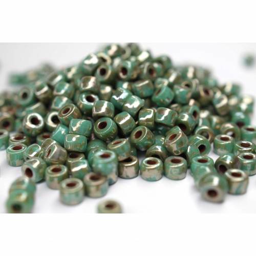 10g Czech Seed Beads Matubo, 6/0 Green Turquoise Silver Picasso