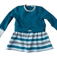 Girly Sweater mit Schößchen - Mädchenkleid - Größe 110 - petrol grau gestreift Bild 1