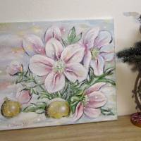 CHRISTROSEN IM SCHNEE 60cmx50cm - glitzerndes Blumenbild im Shabby Chic Look auf Leinwand Bild 1