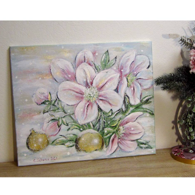 CHRISTROSEN IM SCHNEE 60cmx50cm - glitzerndes Blumenbild im Shabby Chic Look auf Leinwand