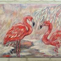 WINTER ROMANCE - Winterbild mit Flamingos auf Leinwand mit Glitter - Christiane Schwarz Bild 2