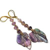 Lange Ohrringe handgemacht Fluorit lila mint in wirework goldfarben Blatt Geschenk für sie Bild 2