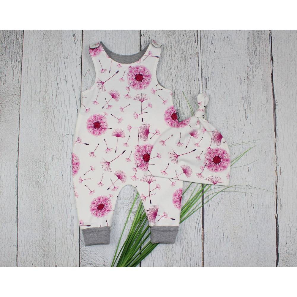 Gr. 56 Baby Set Strampler und Knotenmütze Mädchen Pusteblumen Blumen beige ecru pink hellgrau handmade Bild 1