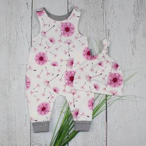Gr. 56 Baby Set Strampler und Knotenmütze Mädchen Pusteblumen Blumen beige ecru pink hellgrau handmade Bild 1