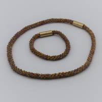 Schmuckset gehäkelt, bronze irisierend, Kette + Armband, 45 + 20 cm, Glasperlen, Häkelschmuck, Unikat Bild 1