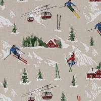 Deko Druck Christian Leinenoptik Skifahrer  Berge  beige(1m /11,00€) Bild 1