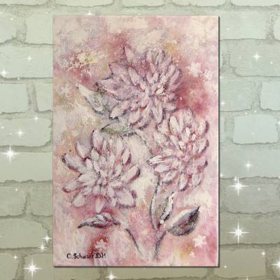 FROSTIGE DAHLIEN 40cmx60cm - glitzerndes Blumenbild im Shabby Chic Look auf Leinwand
