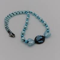 lange Halskette, helles türkis und schwarz, Mittelteil große Glasperlen, Länge 74 cm, Perlenkette, Schmuck Bild 1