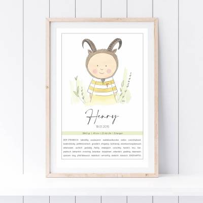 Personalisiertes Geburtsposter - Sternzeichen /Tierkreiszeichen Steinbock für Junge o. Mädchen (bitte wähle Motiv) 