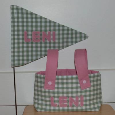 Fahrradwimpel und Lenkertasche mit Name aus Biobaumwolle in 9 Farben, Handarbeit