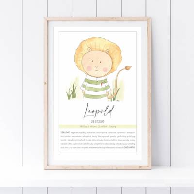 Personalisiertes Poster zur Geburt - Sternzeichen / Tierkreiszeichen Löwe für Junge o. Mädchen (bitte wähle Motiv)