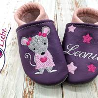 Bio Krabbelschuhe mit Namen für Baby und Kinder (Öko Lederpuschen) mit Mausmädchen - personalisierte Lauflernschuhe Bild 1