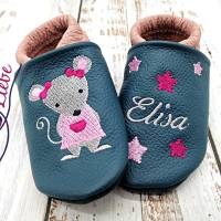Bio Krabbelschuhe mit Namen für Baby und Kinder (Öko Lederpuschen) mit Mausmädchen - personalisierte Lauflernschuhe Bild 1