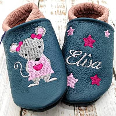 Bio Krabbelschuhe mit Namen für Baby und Kinder (Öko Lederpuschen) mit Mausmädchen - personalisierte Lauflernschuhe