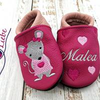 Bio Krabbelschuhe mit Namen für Baby und Kinder (Öko Lederpuschen) mit Mausmädchen - personalisierte Lauflernschuhe Bild 5