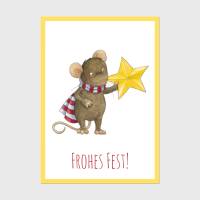 Postkarte: Frohes Fest, Weihnachten, Geschenk, Grüße, Maus mit Stern · A6 · Aquarell, Buntstift, klimaneutraler Druck Bild 1