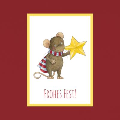 Weihnachtskarte: Frohes Fest, Grußkarte, Geschenkkarte, Maus · A6 · Aquarell, Buntstift, klimaneutraler Druck