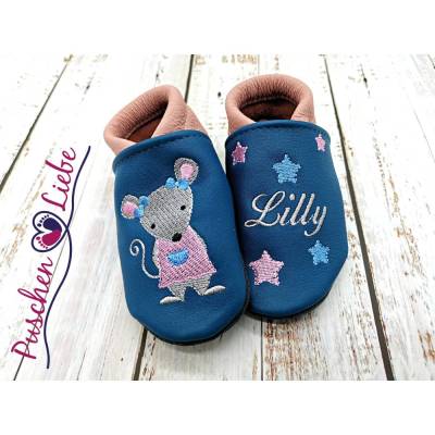 Bio Krabbelschuhe mit Namen für Baby und Kinder (Öko Lederpuschen) mit Mausmädchen - personalisierte Lauflernschuhe