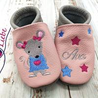 Bio Krabbelschuhe mit Namen für Baby und Kinder (Öko Lederpuschen) mit Mausmädchen - personalisierte Lauflernschuhe Bild 8