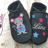 Bio Krabbelschuhe mit Namen für Baby und Kinder (Öko Lederpuschen) mit Mausmädchen - personalisierte Lauflernschuhe Bild 9