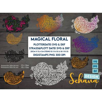Magisch Florale Schneidedatei und Strassdatei in SVG DXF und Digistamps in PNG Plotterdatei von SchanaDesign