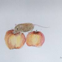 Aquarell Bild Grußkarte Maus mit Äpfeln Bild 1