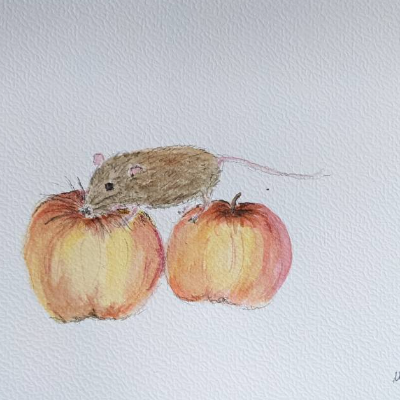 Aquarell Bild Grußkarte Maus mit Äpfeln