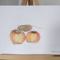 Aquarell Bild Grußkarte Maus mit Äpfeln Bild 4