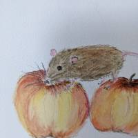 Aquarell Bild Grußkarte Maus mit Äpfeln Bild 5