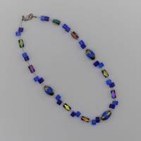 Halskette, Glasperlenkette, blau, Würfel, Rhomben, 2-fädig, Länge 46 cm, Karabinerverschluss, Schmuck Bild 2